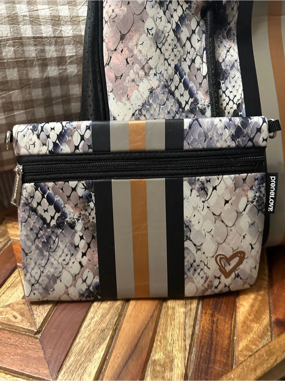 Striped Snake-Print Duffel Bag with Pouch - Black, Tan, Gray